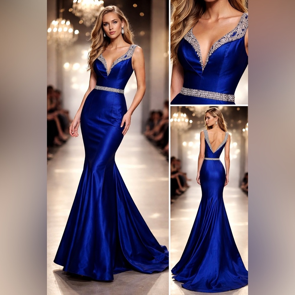 Abby Paris Royal Blue Beaded Evening Gown Size 6 Crystal Formal Dress